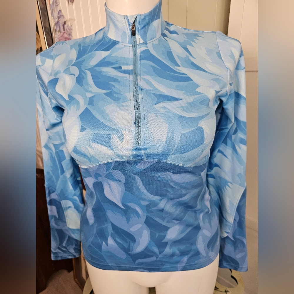 Terry Women’s Merino Wool Cycling Jersey Blue Floral 1/4 Zip Top Size M 8-10